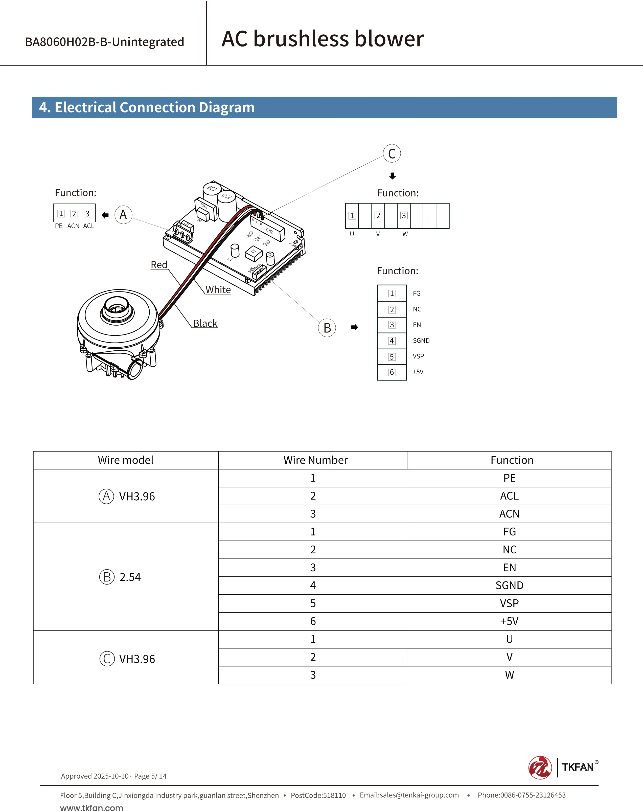 220V Blower BA8060H02B-B (Non-integrated)Electrical Connection Diagram